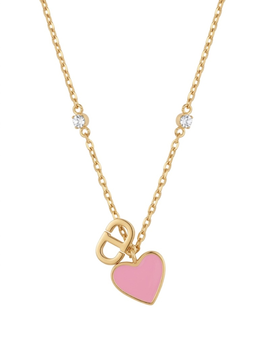 Gold-Tone Necklace with Pink Heart Charm and Crystal Accents